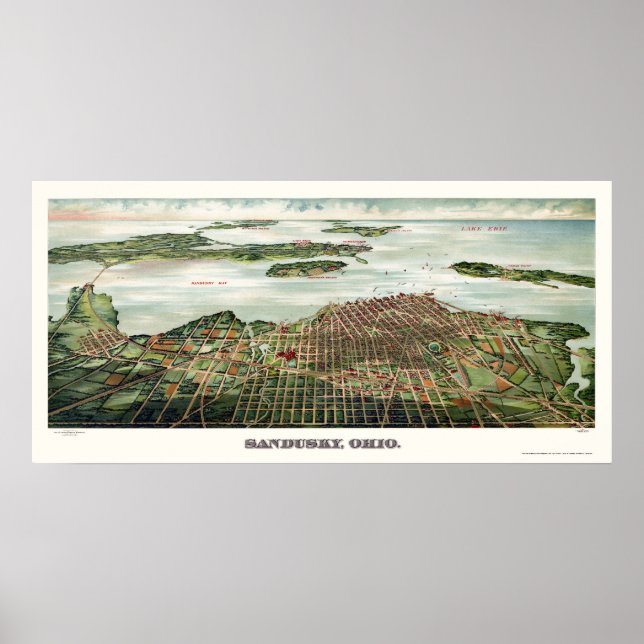 Poster Sandusky, Mapa Panorâmico OH - 1898 (Frente)