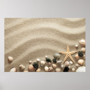 Póster Sandy Beach Background With Shells And Starfish