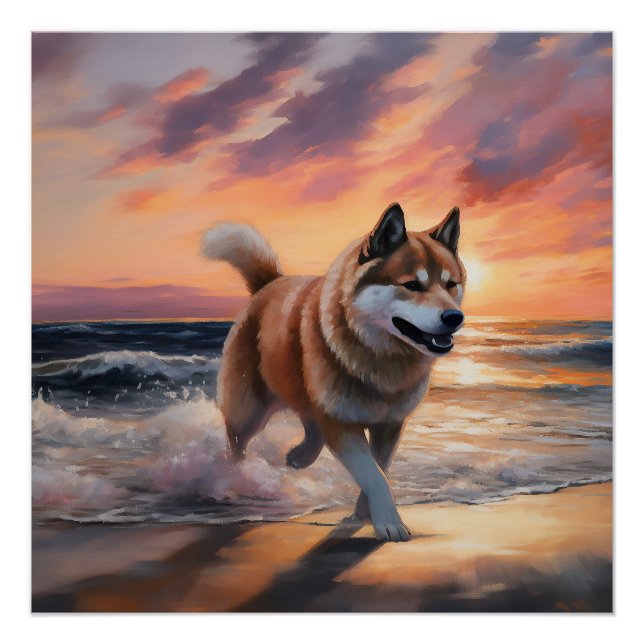 Póster Sandy Paws Akita Dog em Beach Sunset (Frente)