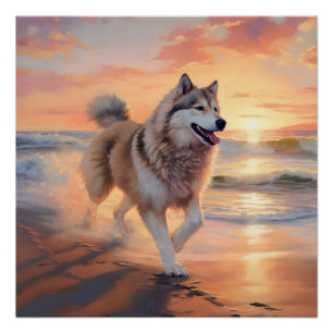 Póster Sandy Paws Alaskan Malamute Dog em Beach Sunset