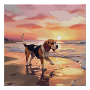 Póster Sandy Paws Beagle Dog em Beach Sunset