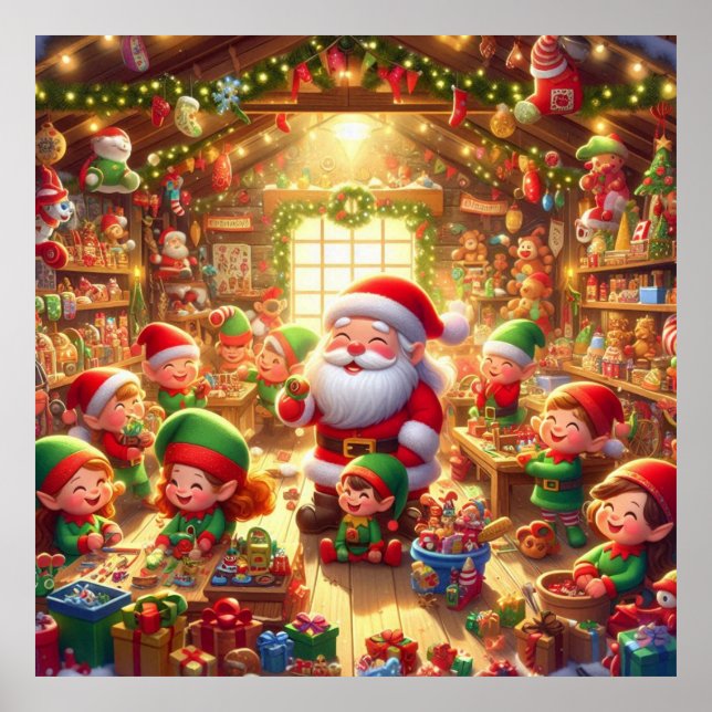 Poster Santa and His Cute Little Elves in His Workshop (Frente)
