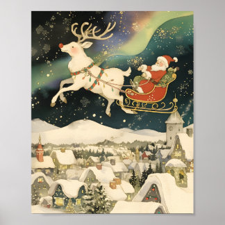 Poster Santa and Reindeer Flying Over Snowy Village