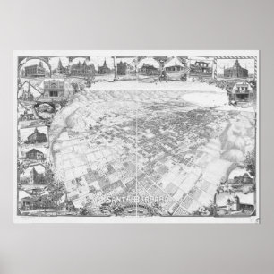 Póster Santa Barbara Califórnia 1898 mapas panorâmicos