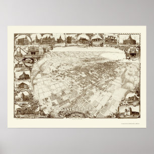 Póster Santa Barbara, mapa panorâmico de CA - 1898