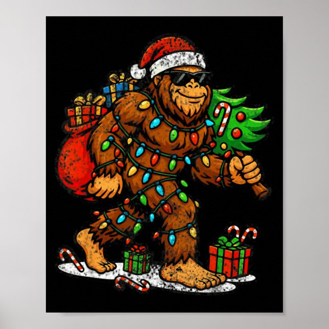 Poster Santa Bigfoot Christmas Tree Xmas Lights Funny Sas (Frente)