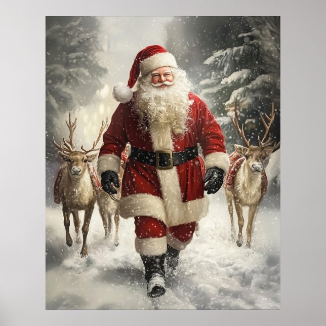 Poster Santa Claus and Reindeer Christmas Wall Art (Frente)