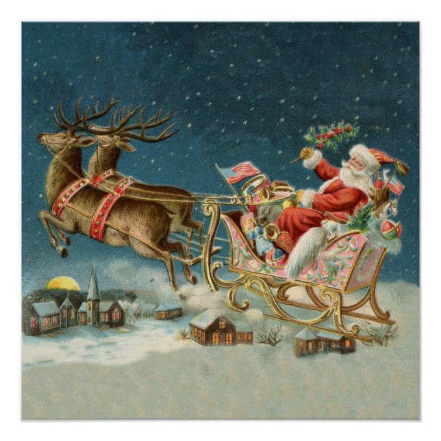 Póster Santa Claus Christmas Antique Sleigh Reindeer (Frente)