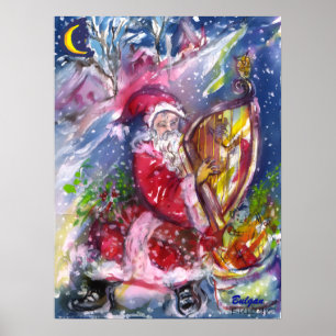 Póster SANTA CLAUS PLAYING HARP IN MOONLIGHT Christmas