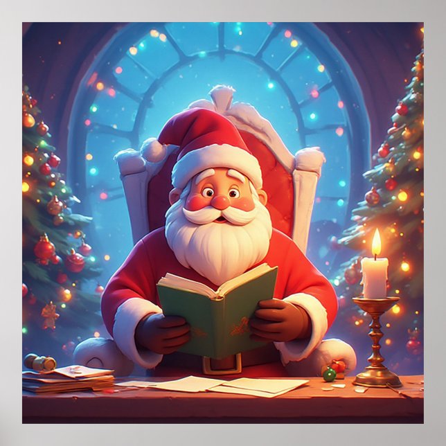 Poster Santa Claus Reading a Book by Candlelight (Frente)
