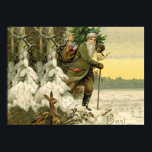 Poster Santa Claus Vintage Antique Christmas Tree<br><div class="desc">This image is based on an antique christmas card showing santa claus walking out of the woods with a christmas tree,  and glancing over at the rabbits.</div>