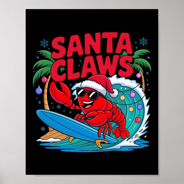 Poster Santa Claws Funny Christmas Lobster With Palm Tree (Frente)