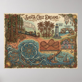 Poster Santa Cruz California Dreams Map – Vibrant Coast