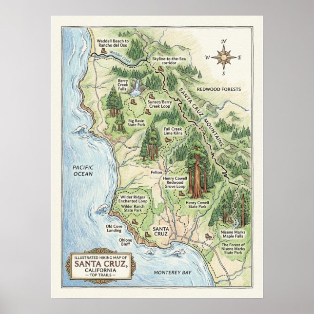 Poster Santa Cruz California Hiking Map Big Basin (Frente)