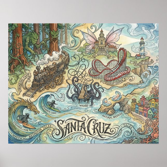 Poster Santa Cruz California Illustrated Map Mythical (Frente)