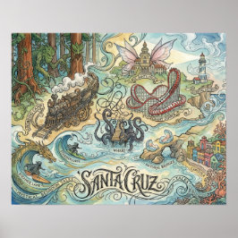 Poster Santa Cruz California Illustrated Map Mythical