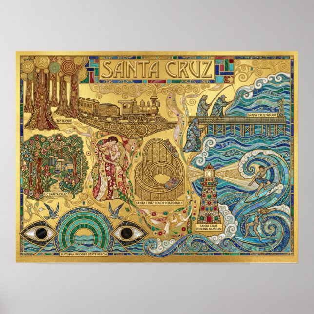 Poster Santa Cruz California Mosaic Map Boardwalk Beach (Frente)