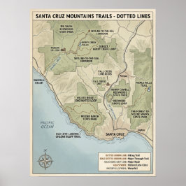 Poster Santa Cruz California Trail Map Redwood & Coastal 