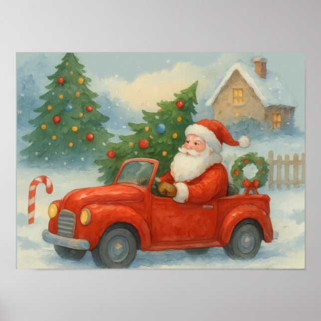 Poster Santa Driving Red Car Watercolor Christmas (Frente)