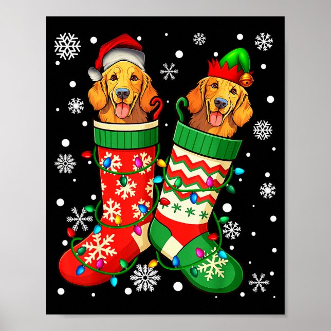 Poster Santa Elf Golden Retriever Dog In Christmas Socks  (Frente)