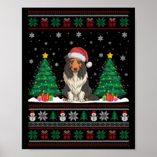 Poster Santa Hat Bearded Collie Dog Xmas Tree Luzes Feias