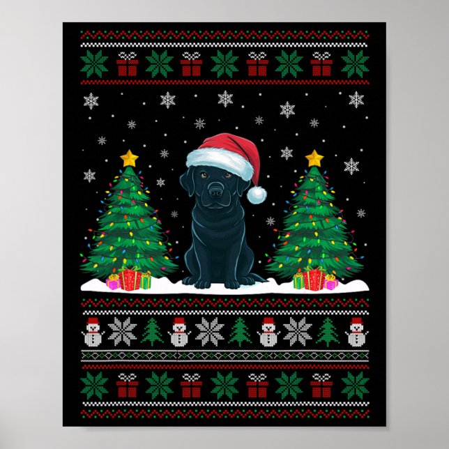 Poster Santa Hat Black Labrador Dog Xmas Tree Luzes Feias (Frente)