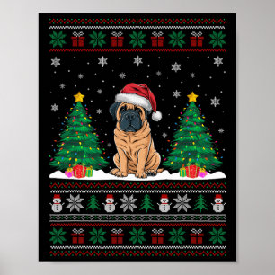 Poster Santa Hat English Mastiff Dog Xmas Tree Lights Ugl