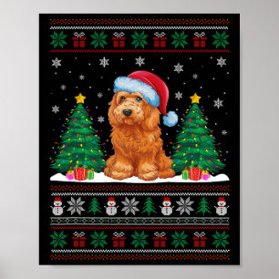 Poster Santa Hat Goldendoodle Cão Xmas Tree Luzes Feias