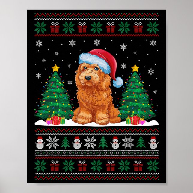 Poster Santa Hat Goldendoodle Cão Xmas Tree Luzes Feias (Frente)