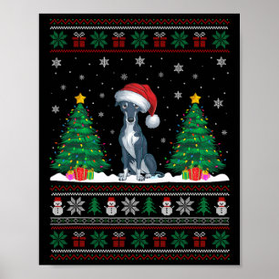 Poster Santa Hat Greyhound Cachorro Árvore de Natal Luzes