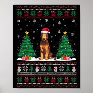 Poster Santa Hat Irish Wolfhound Dog Xmas Tree Lights Ugl