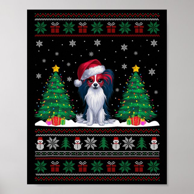 Poster Santa Hat Papillon Cachorro Árvore de Natal Luzes  (Frente)