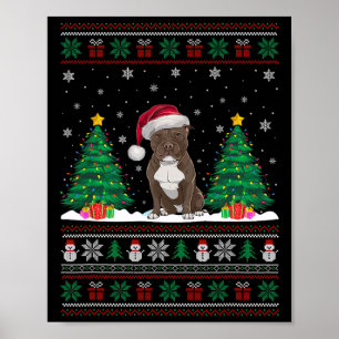 Poster Santa Hat Pitbull Cão Árvore de Natal Luzes Feias