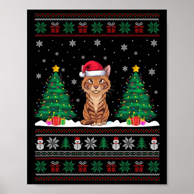 Poster Santa Hat Savannah Cat Árvore de Natal Luzes Feias (Frente)