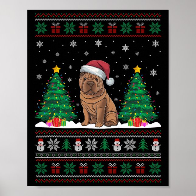 Poster Santa Hat Shar Pei Cachorro Árvore de Natal Luzes  (Frente)