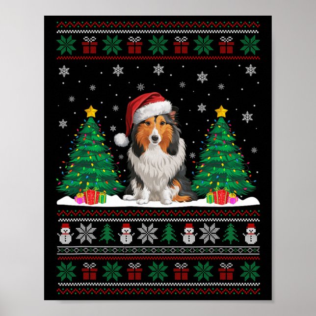 Poster Santa Hat Shetland Sheepdog Dog Xmas Tree Ug (Frente)