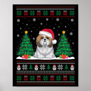 Poster Santa Hat Shih Tzu Dog Árvore de Natal Luzes Feias