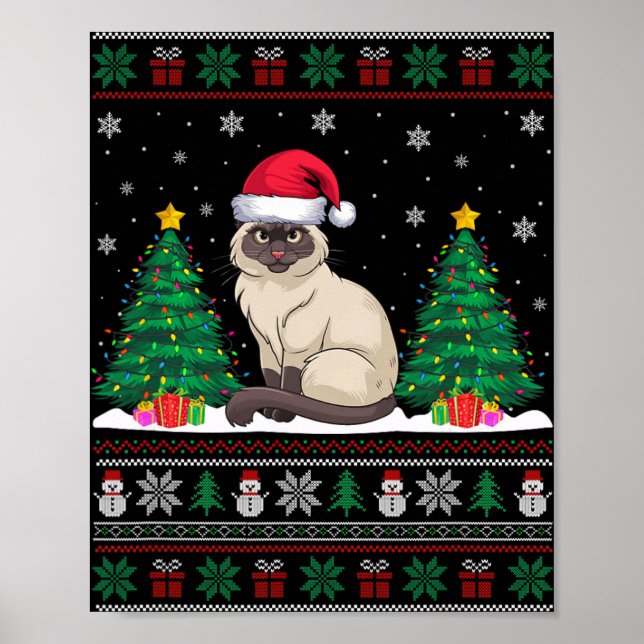 Poster Santa Hat Siamese Cat Árvore de Natal Luzes Feias (Frente)