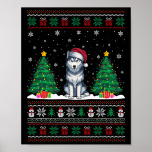 Poster Santa Hat Siberian Husky Dog Xmas Tree Luzes Feias