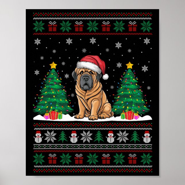Poster Santa Hat Tibetan Mastiff Dog Xmas Tree Lights Ugl (Frente)