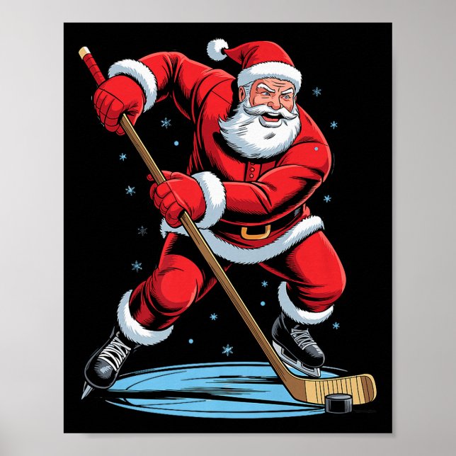 Poster Santa Playing Hockey Funny Holiday Christmas Xmas  (Frente)