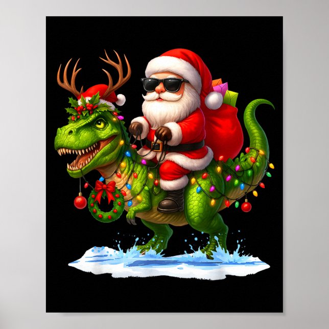 Poster Santa Riding Dinosaur T Rex Christmas Boys Men Xma (Frente)