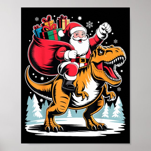 Poster Santa Riding Dinosaur T Rex Christmas Boys Xmas  (Frente)