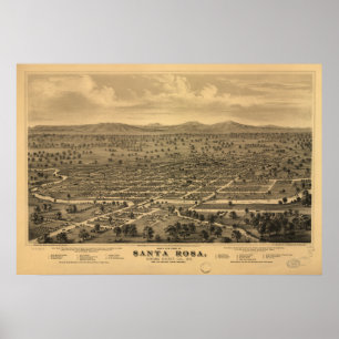 Póster Santa Rosa Califórnia 1876 mapas panorâmicos