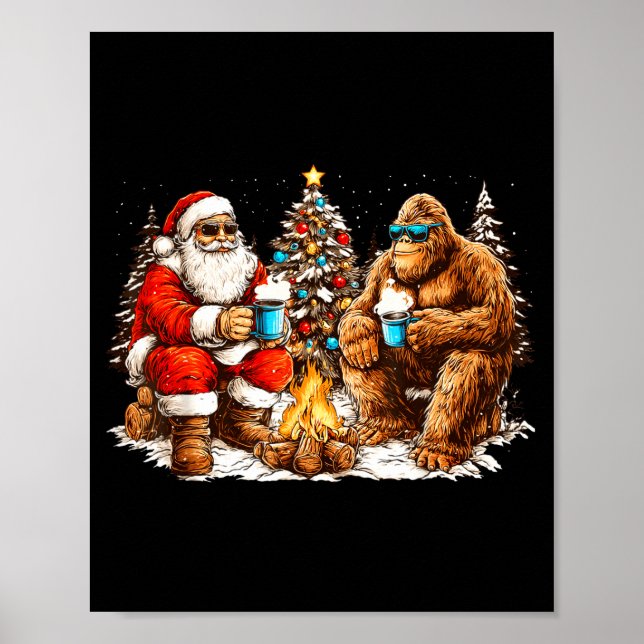 Poster Santa With Bigfoot Christmas Campfire Funny Sasqua (Frente)
