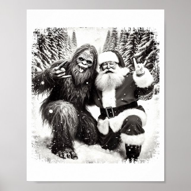 Poster Santa With Bigfoot Christmas Lights Funny Sasquatc (Frente)
