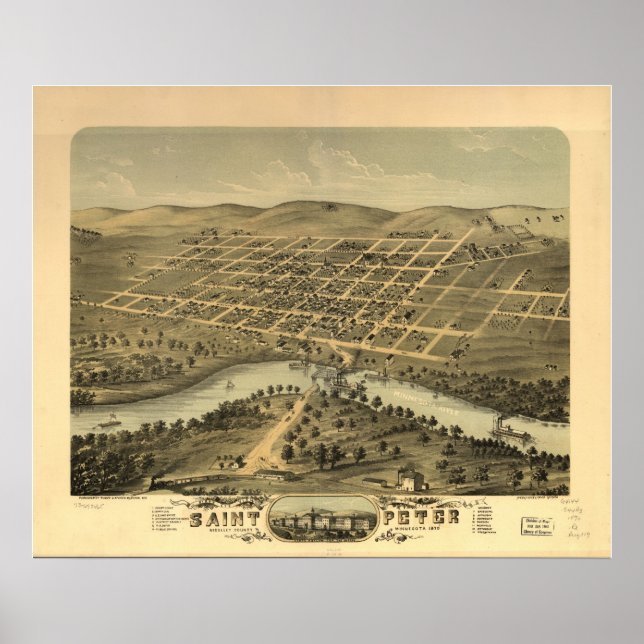 Póster santo 1870 Peter, MN Birds Eye Ver Mapa Panorâmico (Frente)