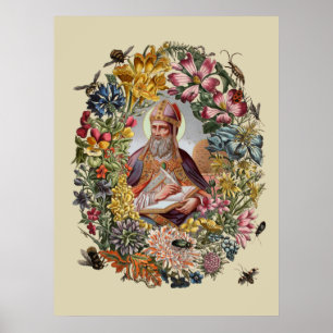 Poster Santo Ambrósio de Milão com Flores, Abelhas e Colm