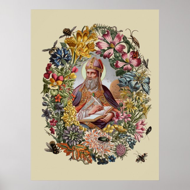 Poster Santo Ambrósio de Milão com Flores, Abelhas e Colm (Frente)