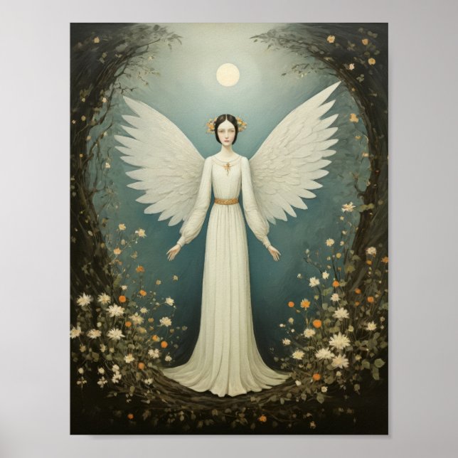 Poster Santo anjo com asas, entre flores (Frente)